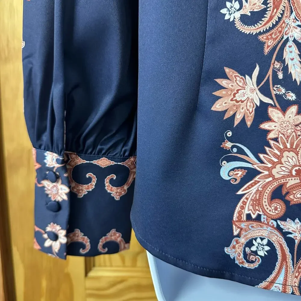 New! Boston Proper Women’s Sz M Button Up Long Sleeve Paisley Print Blouse, V574 - Picture 12 of 16
